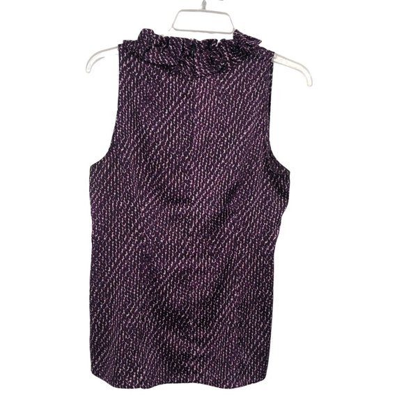 Ann Taylor Blouse Womens 6 Used Purple Cream Ruffled Neck - Picture 2 of 11